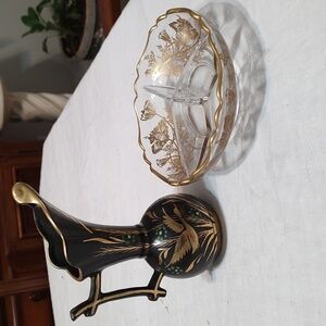 Vtg Silver City Glass Co. three-section bowl features 22k Gold & Belgium Vasem